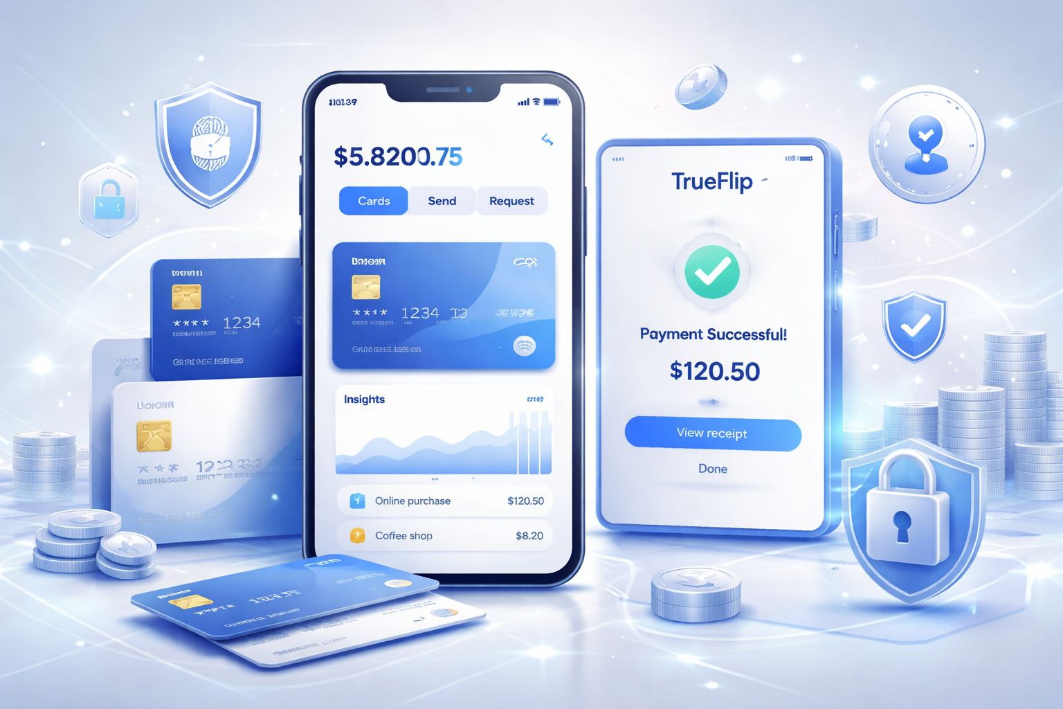 Billetera digital y smartphone mostrando información de pagos TrueFlip para Argentina