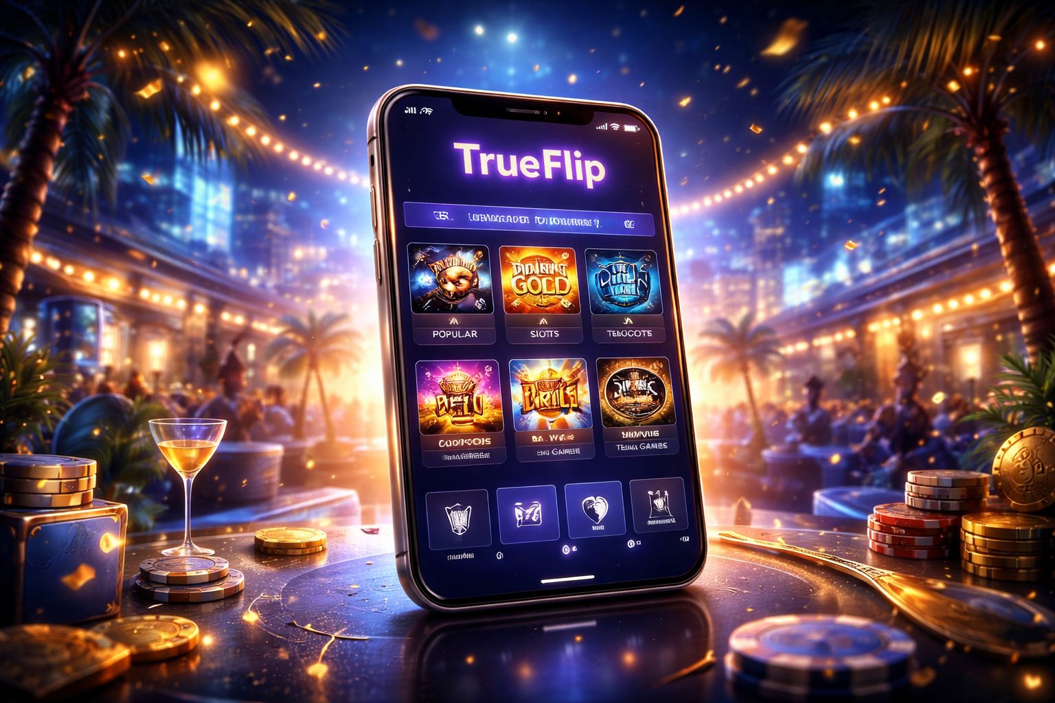 Smartphone mostrando la aplicación móvil TrueFlip con una interfaz de casino pulida y una atmósfera energética inspirada en Argentina.