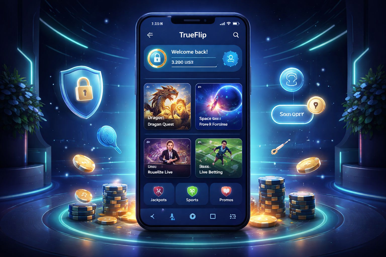 Dispositivo móvil instalando la aplicación TrueFlip con un panel de juego moderno y elementos de acceso seguro.