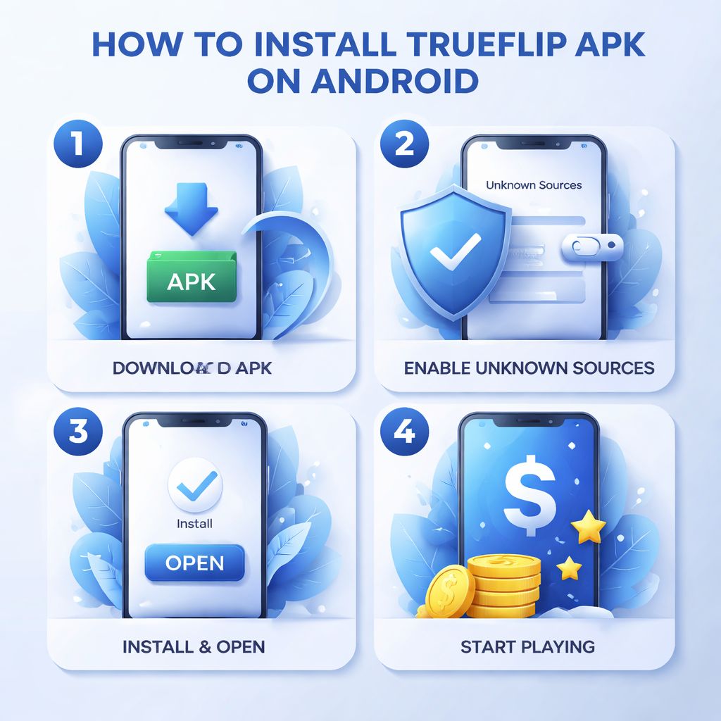Visual paso a paso del proceso de instalación de la aplicación TrueFlip en un smartphone Android con detalles de configuración segura.