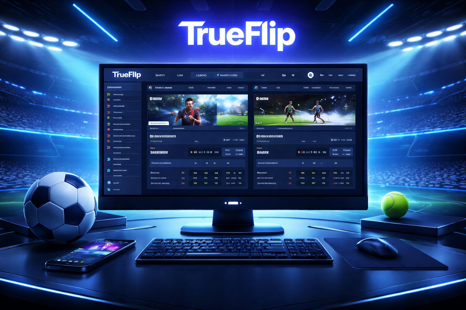 Pantalla de apuestas deportivas TrueFlip con cuotas en vivo de fútbol y tenis contra un fondo dramático inspirado en un estadio.
