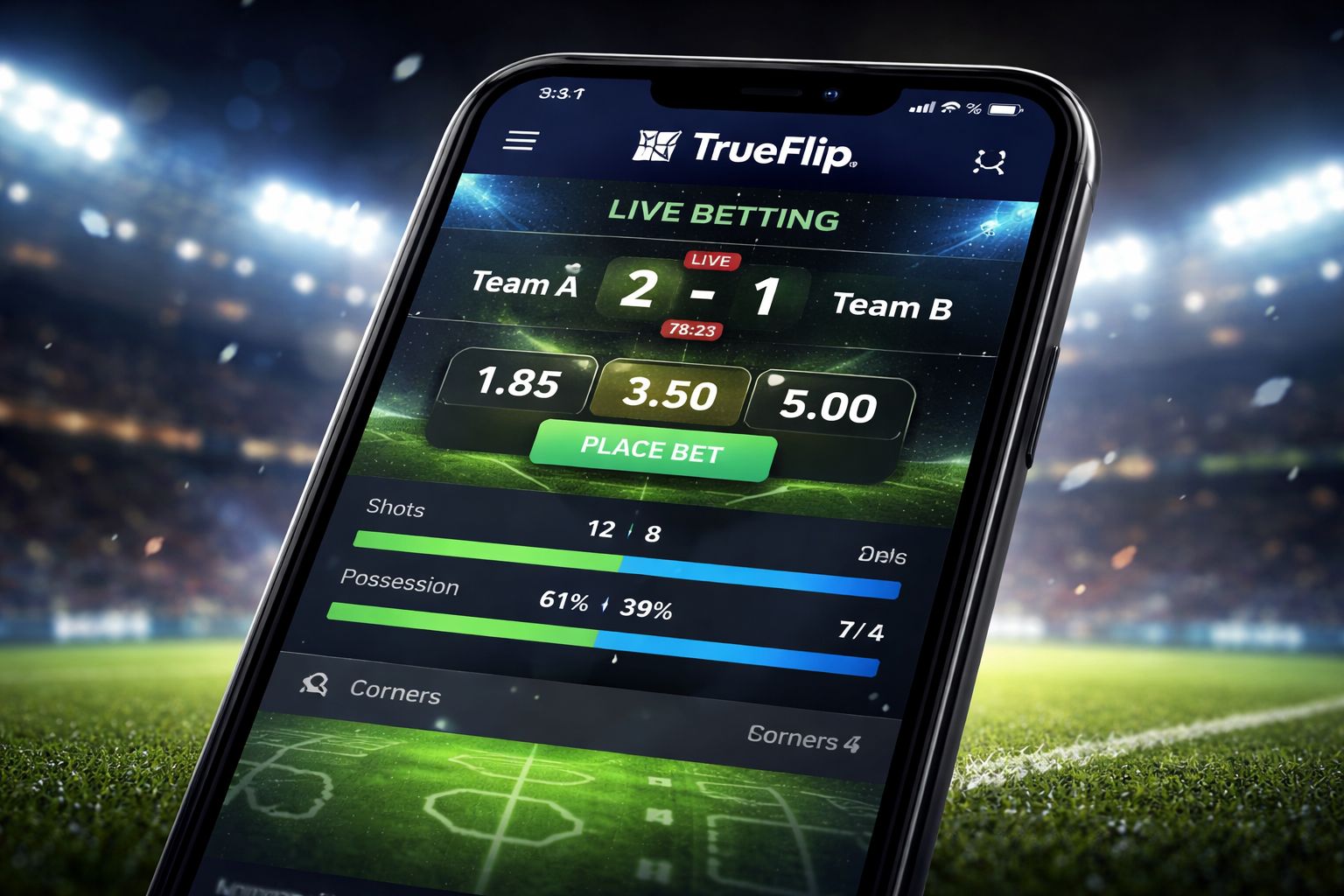 Pantalla móvil de apuestas de TrueFlip mostrando cuotas deportivas en vivo cambiantes y datos del partido.