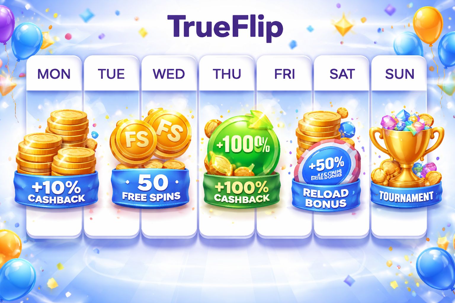 Calendario promocional para TrueFlip con devolución de dinero, giros gratis, ofertas de recarga y destacados de torneos con un estilo energético inspirado en Argentina.