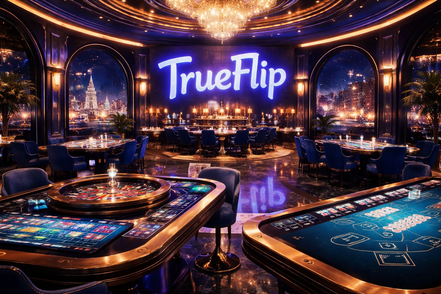 Vestíbulo inmersivo del casino TrueFlip con mesas en vivo y pantallas digitales de tragamonedas para jugadores en Argentina.