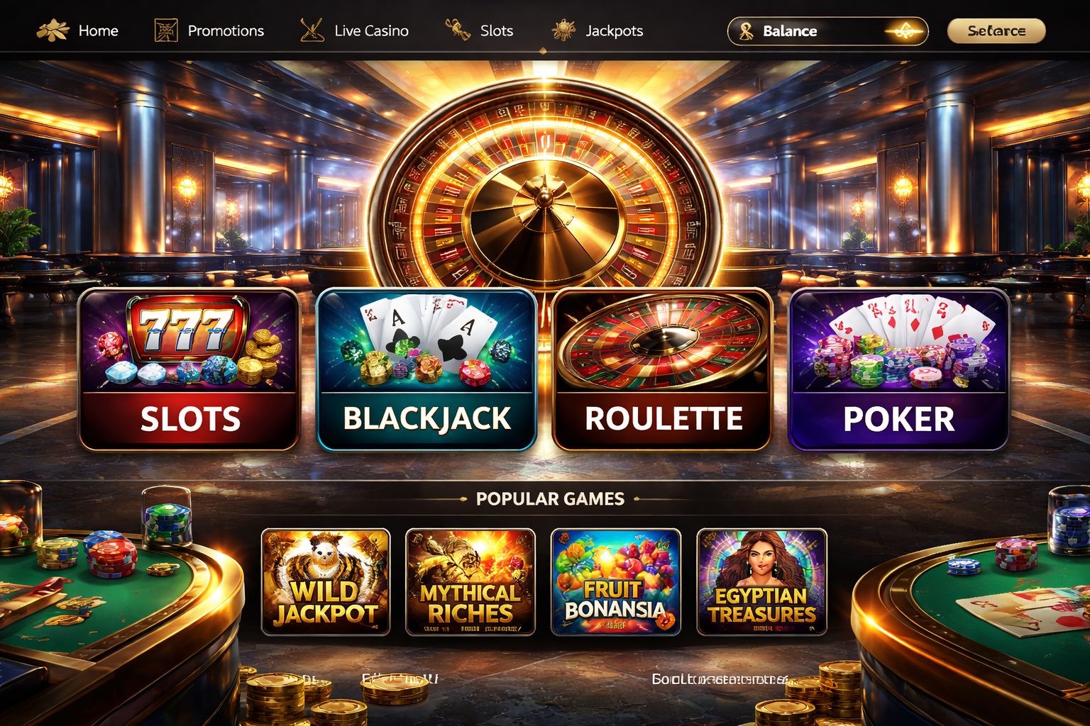 Sesión digital de casino en TrueFlip mostrando acceso a ruleta, blackjack y tragamonedas en un vestíbulo optimizado.