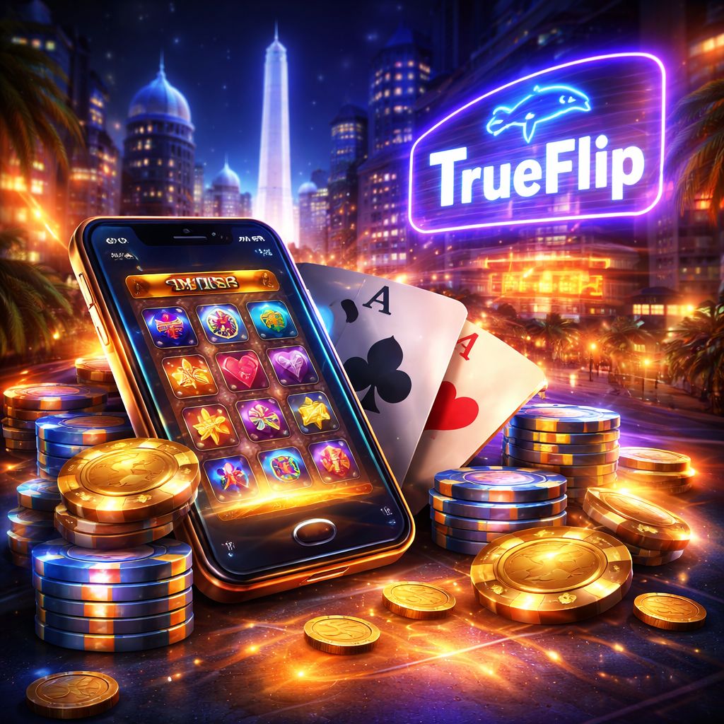 Una escena digital colorida de juego con pantallas brillantes, fichas, cartas y una vibrante atmósfera TrueFlip para juego en línea.