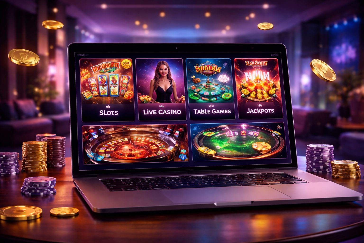 Una interfaz elegante de casino en línea mostrando múltiples categorías de juegos y elementos interactivos brillantes en un entorno digital moderno.