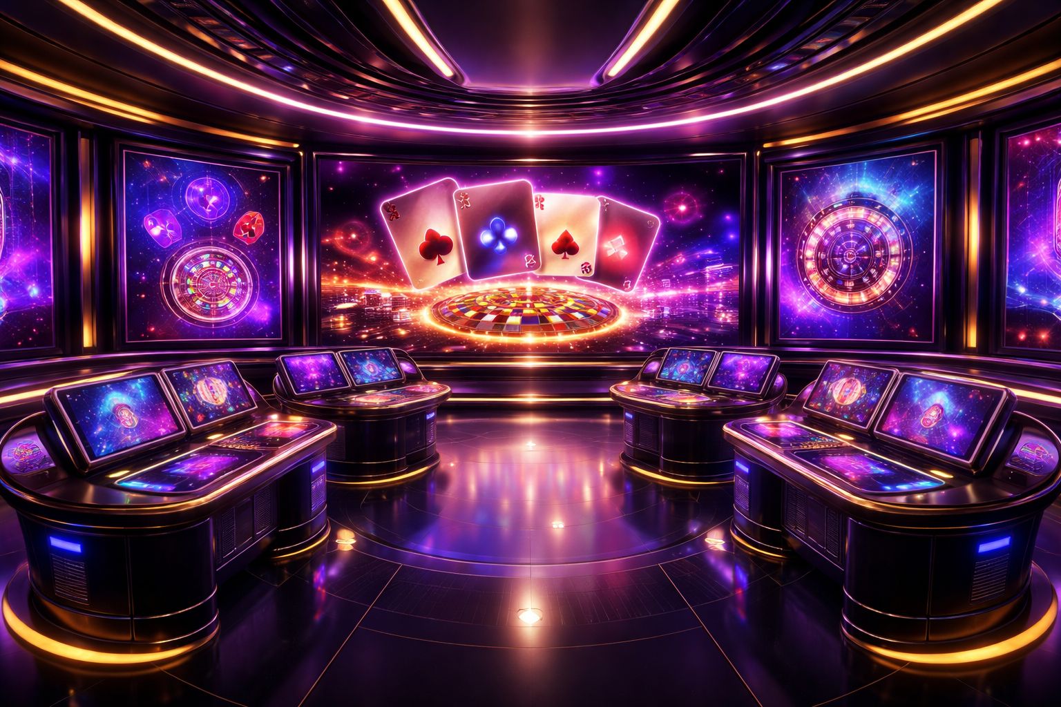 Un panel de control futurista de juegos con controles iluminados, iconos de juegos vivos y un entorno refinado de casino en línea inspirado en TrueFlip.