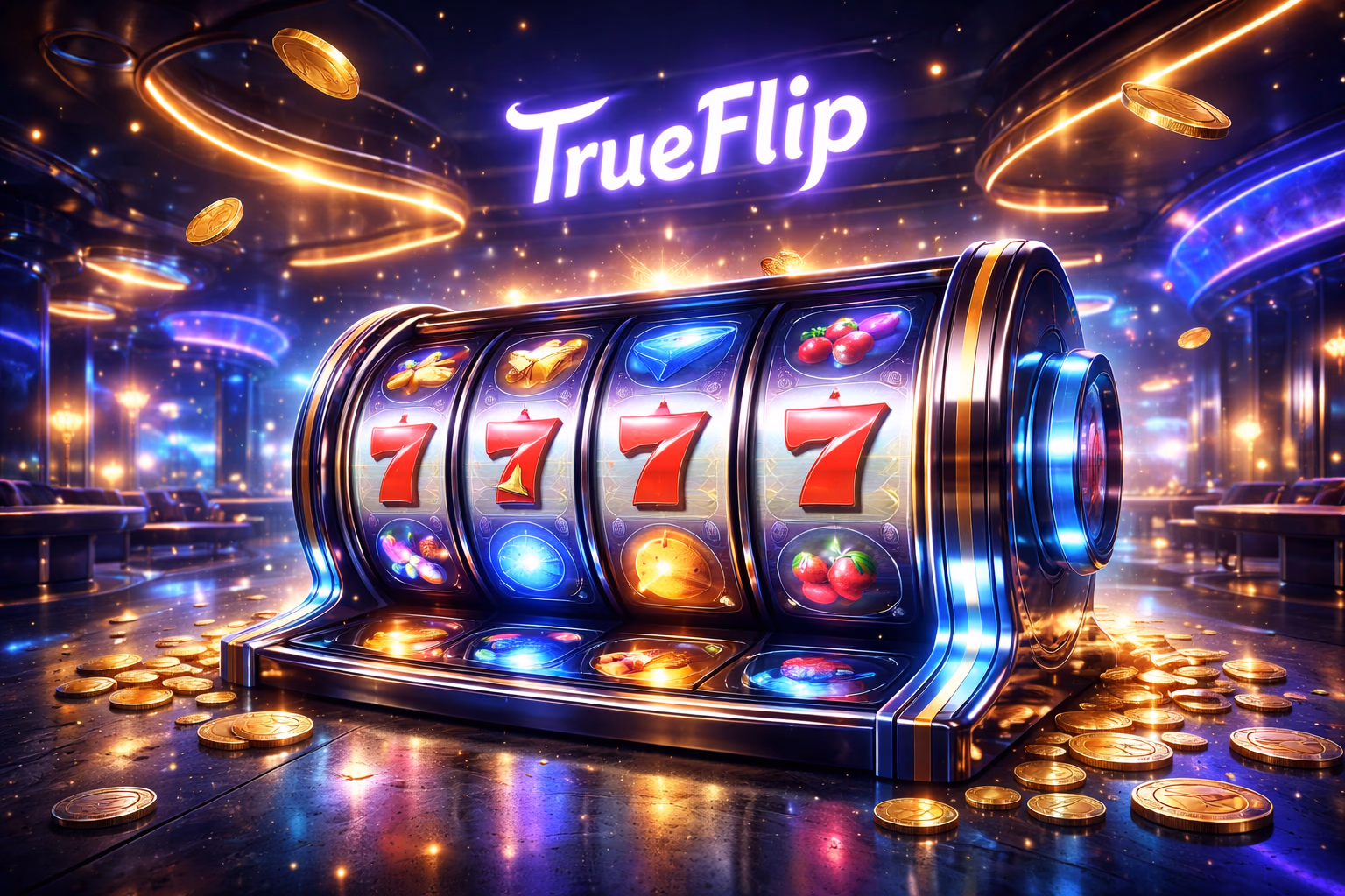Pantalla moderna de TrueFlip tragamonedas con carretes iluminados, monedas y ambiente elegante de casino.