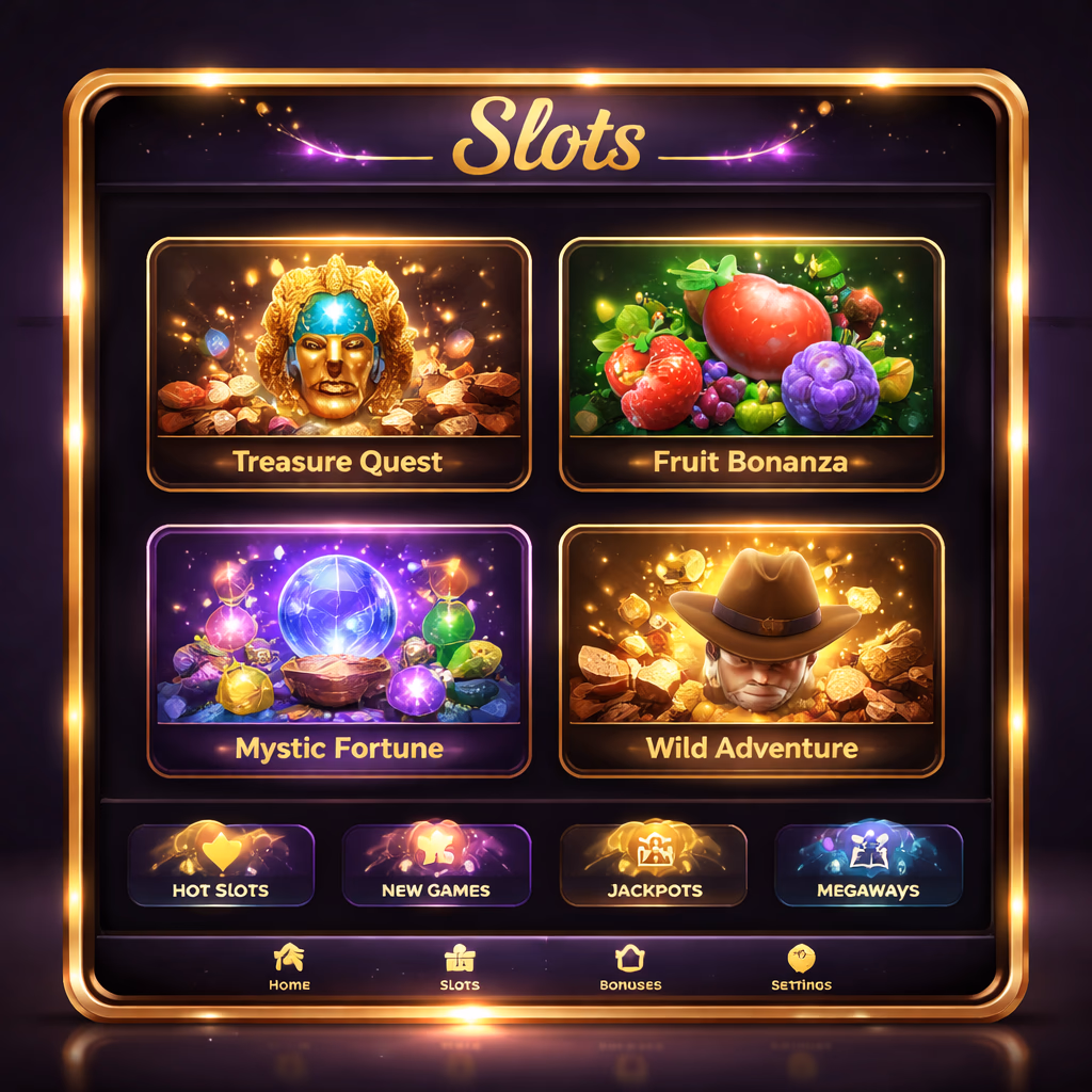 Escena estilizada de selección de tragamonedas para TrueFlip con carretes brillantes y detalles premium de juego.